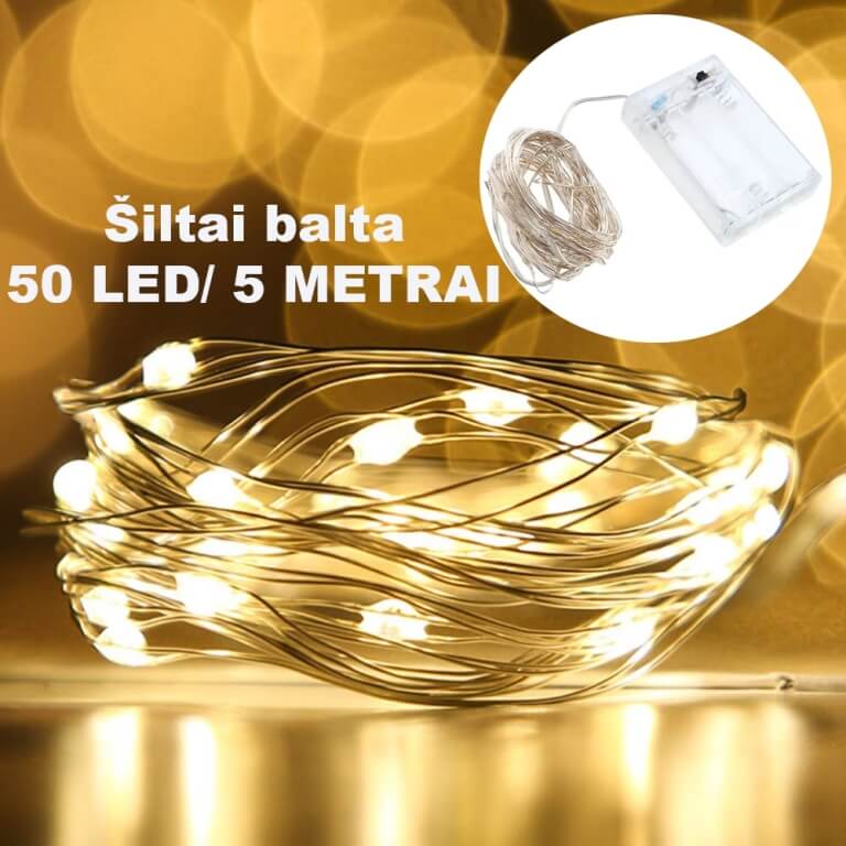 Girlianda su baterijom 50 led, Šiltai Balta