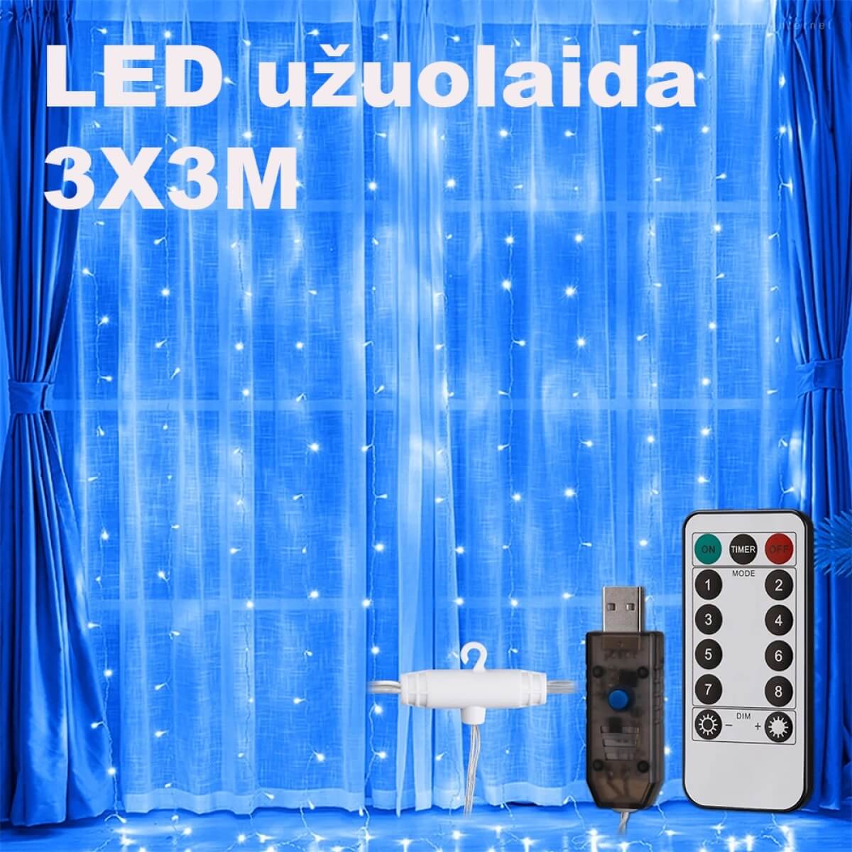 Led usb užuolaida girlianda, 3x3m  mėlyna