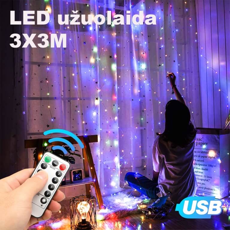 Led usb užuolaida girlianda, 3x3m spalvota