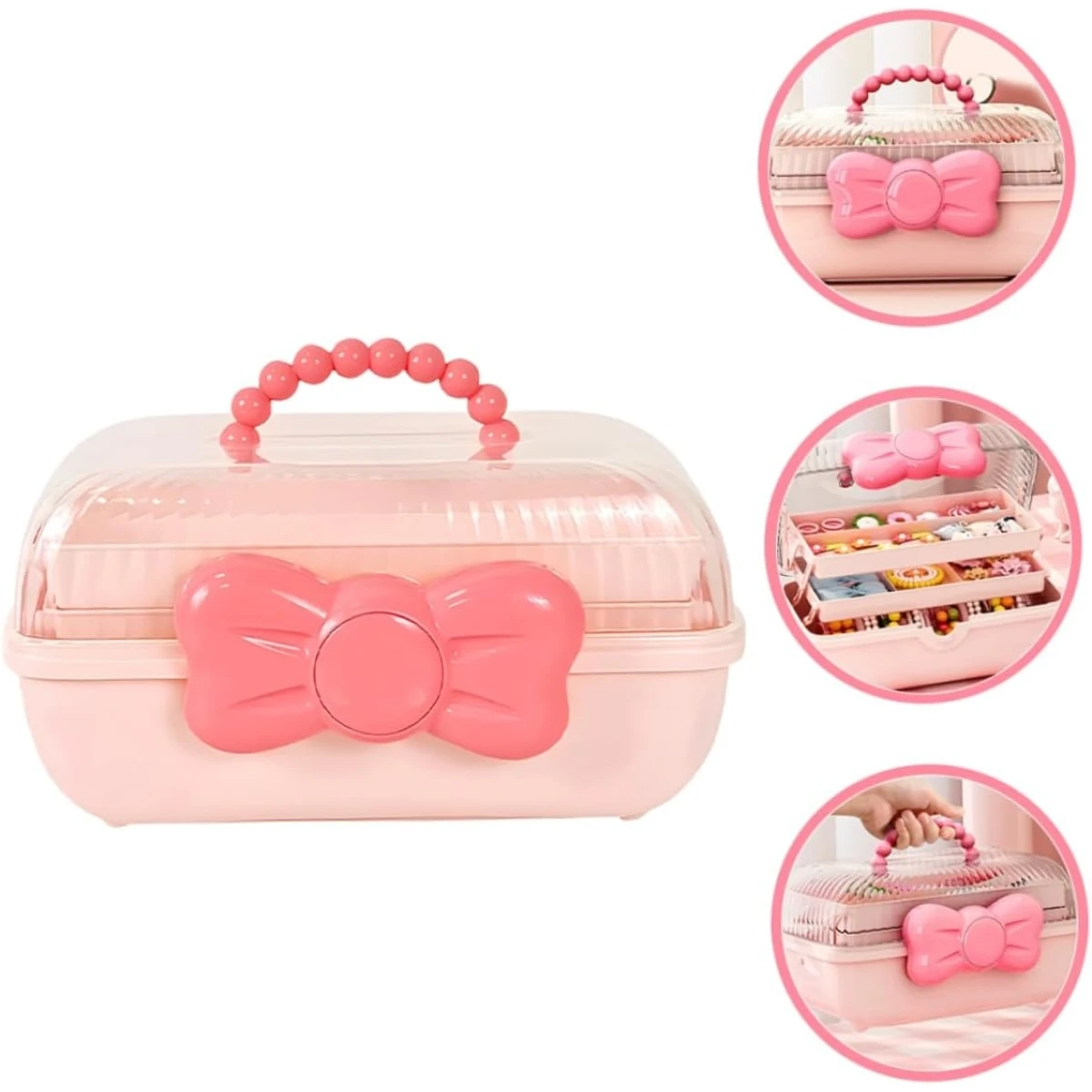 Rožinė papuošalų dėžutė su kaspinu ir rankena