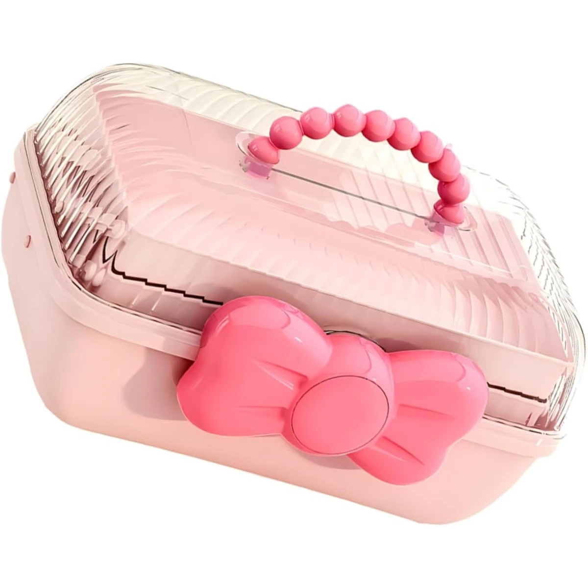 Rožinė papuošalų dėžutė su kaspinu ir rankena