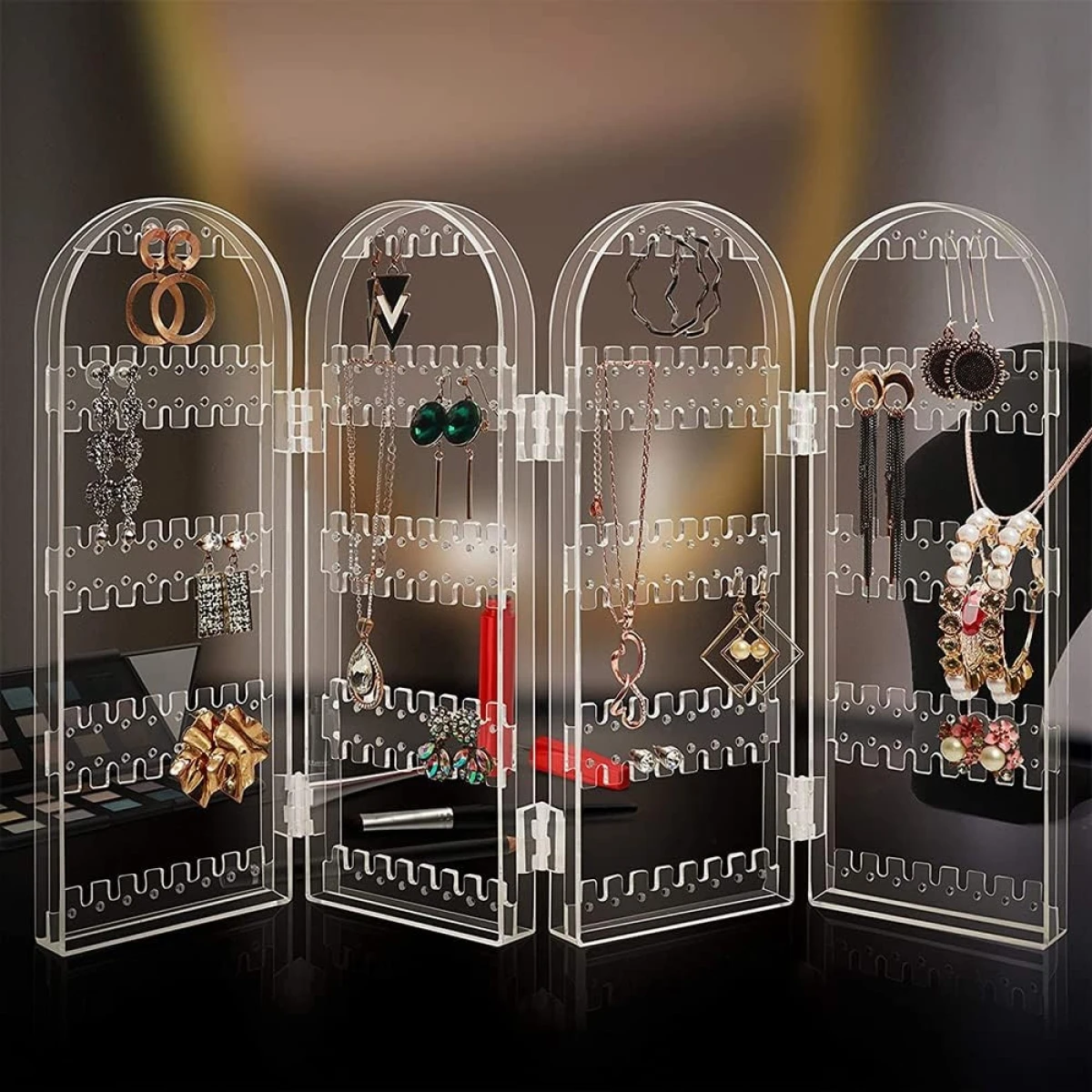 Skaidrus auskarų ir papuošalų stovas, 4 dalių