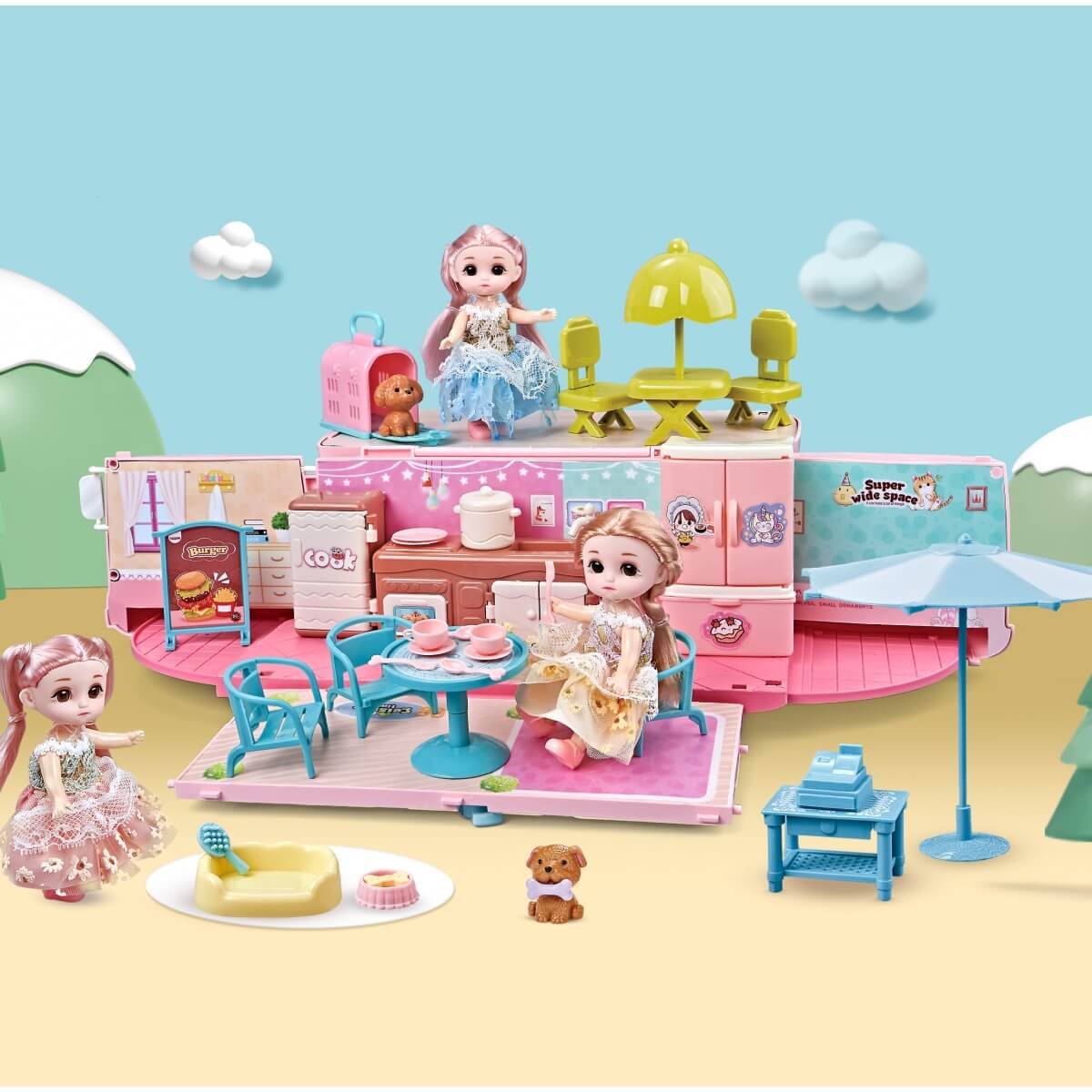 Lėlių kemperis Woopie 2-in-1 Camper XXL Su figūrėlėmis ir virtuve