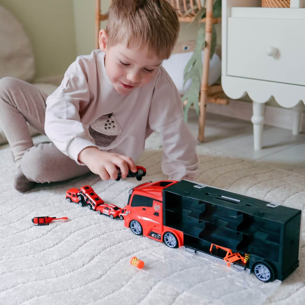 Ugniagesių sunkvežimis WOOPIE 3in1 su 5 automobiliais