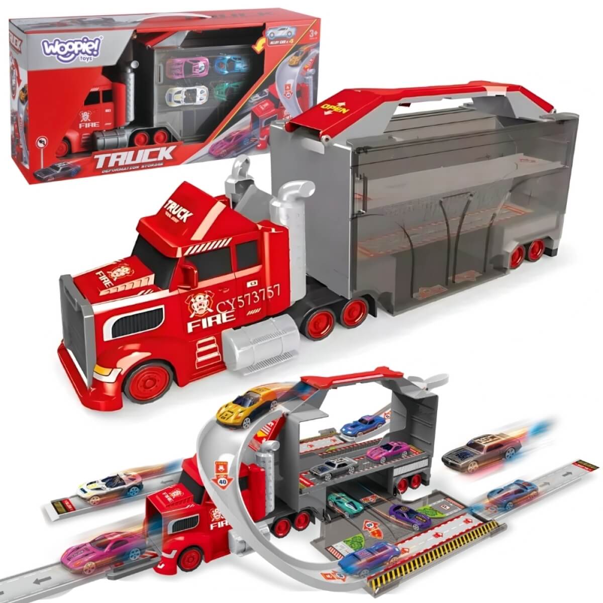 Sunkvežimis Zero su lenktynių trasa ir 4 metaliniais automobiliais