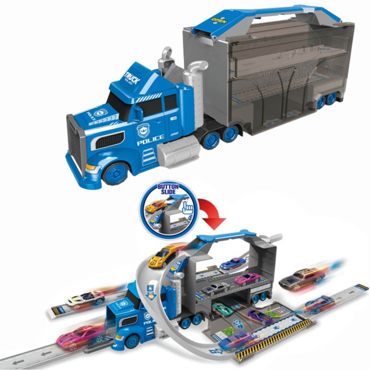 Policijos sunkvežimis WOOPIE lenktynių trasa su 4 automobiliais