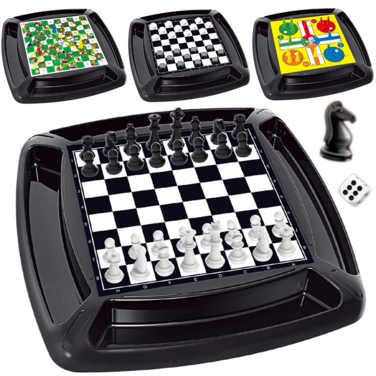 Stalo žaidimų rinkinys Woopie 4 žaidimai šachmatai šaškės kopėčios