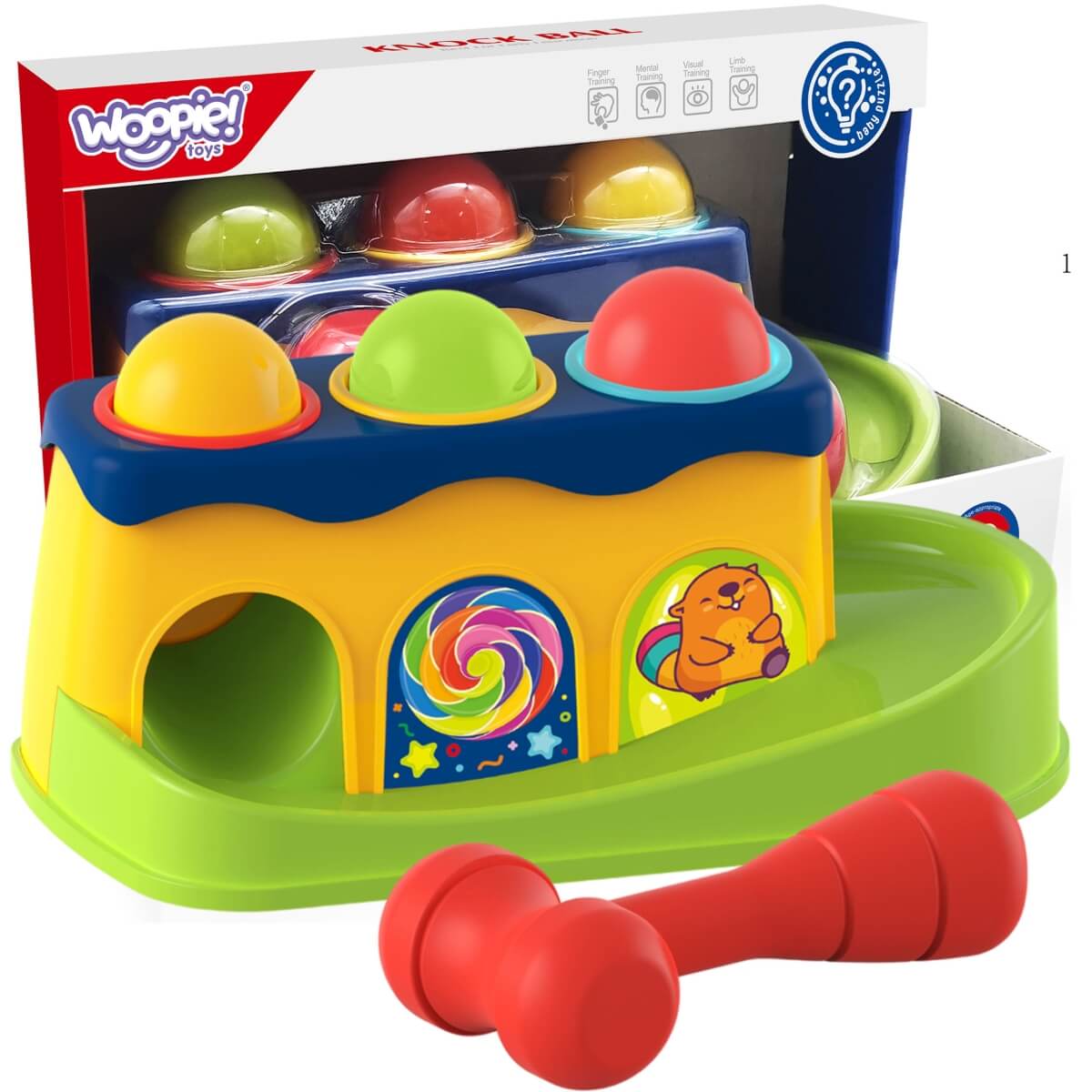 Spalvingas mušamasis žaislas su plaktuku montessori, Woopie