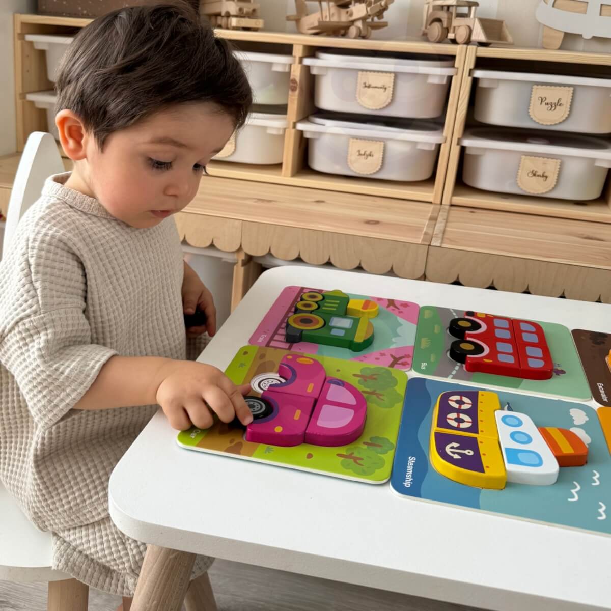 Medinė dėlionė transporto priemonės montessori, Woopie