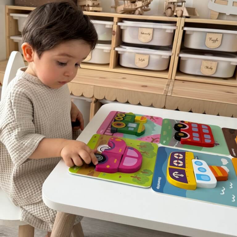 Medinė dėlionė transporto priemonės montessori, Woopie