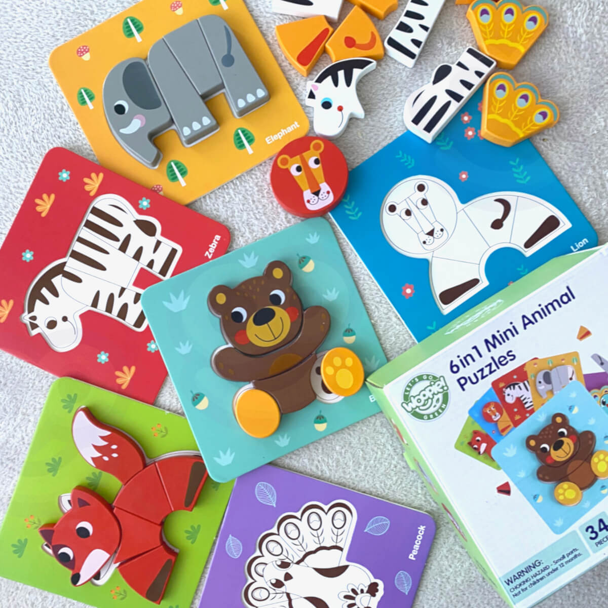 Medinė dėlionė gyvūnai montessori, Woopie