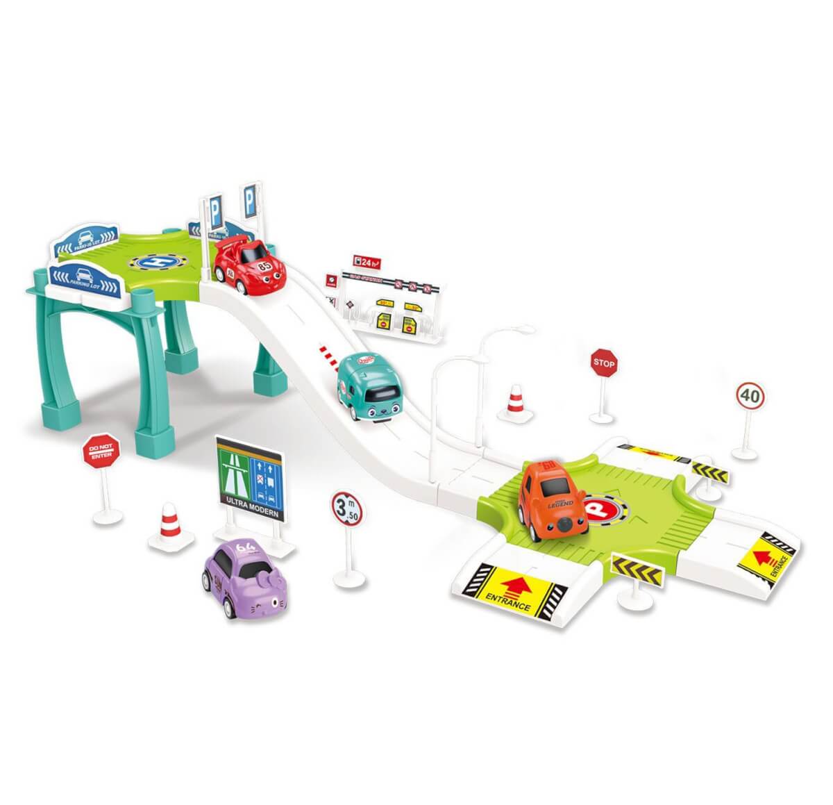 50857.jpg Žaislinė mašinėlių trasa su kelio ženklais ir 3 mašinėlėmis, Woopie
