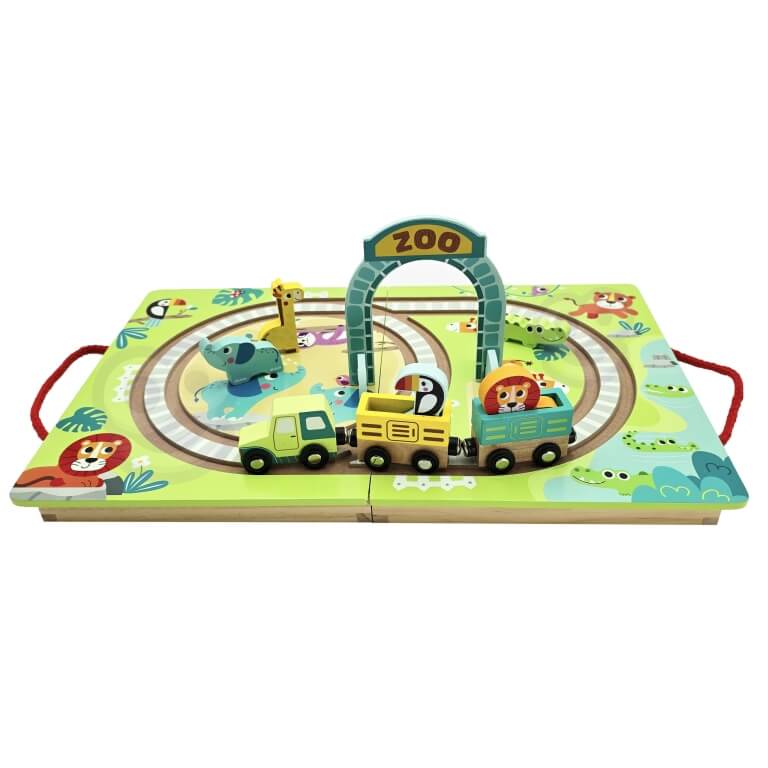 Žaislinė medinė traukinių trasa su lenta ir gyvūnais, Tooky Toy