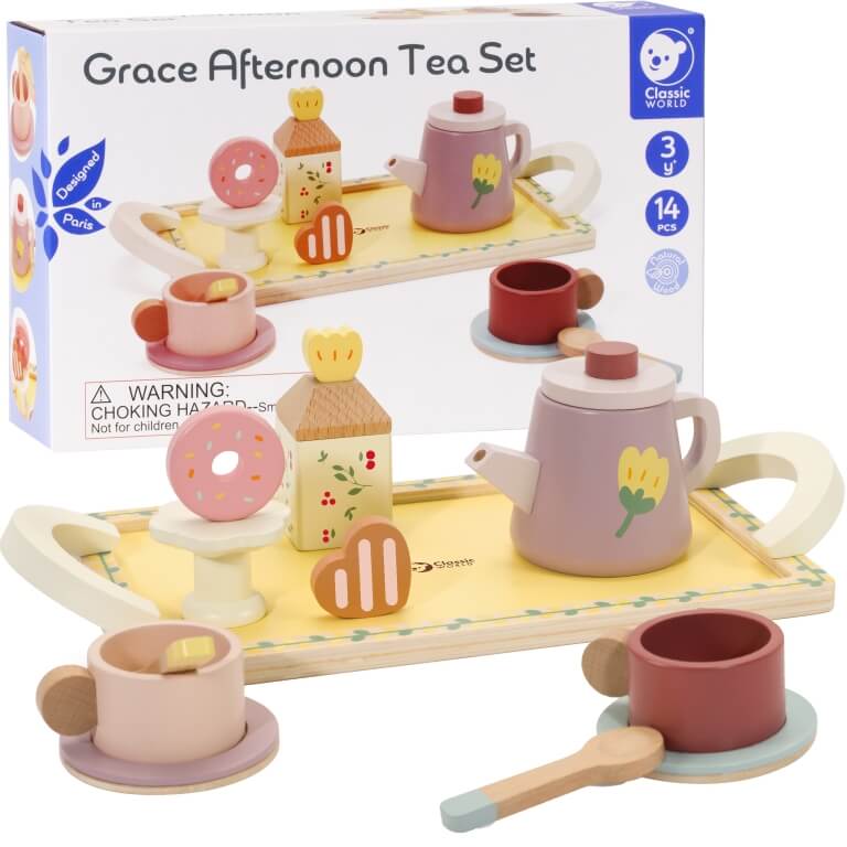 Žaislinis medinis arbatos indų rinkinys su padėklu ir saldumynais , Classic World  14 dalių