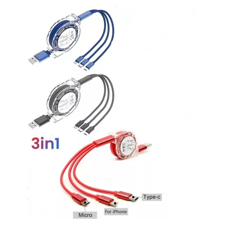 Ištraukiamas USB įkrovimo laidas, 120 cm micro USB, TYPE-C USB, iOS lightning