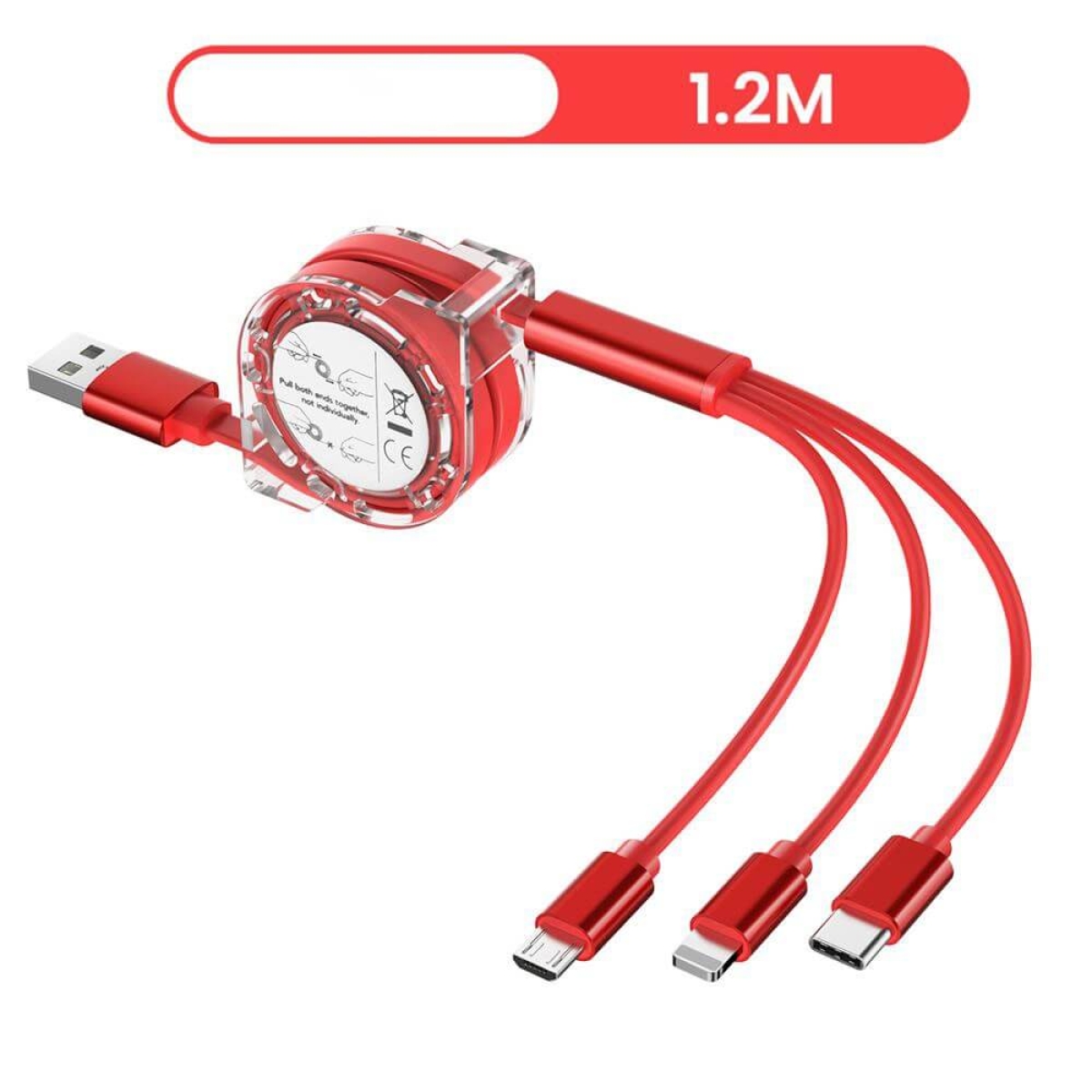 Ištraukiamas USB įkrovimo laidas, 120 cm micro USB, TYPE-C USB, iOS lightning