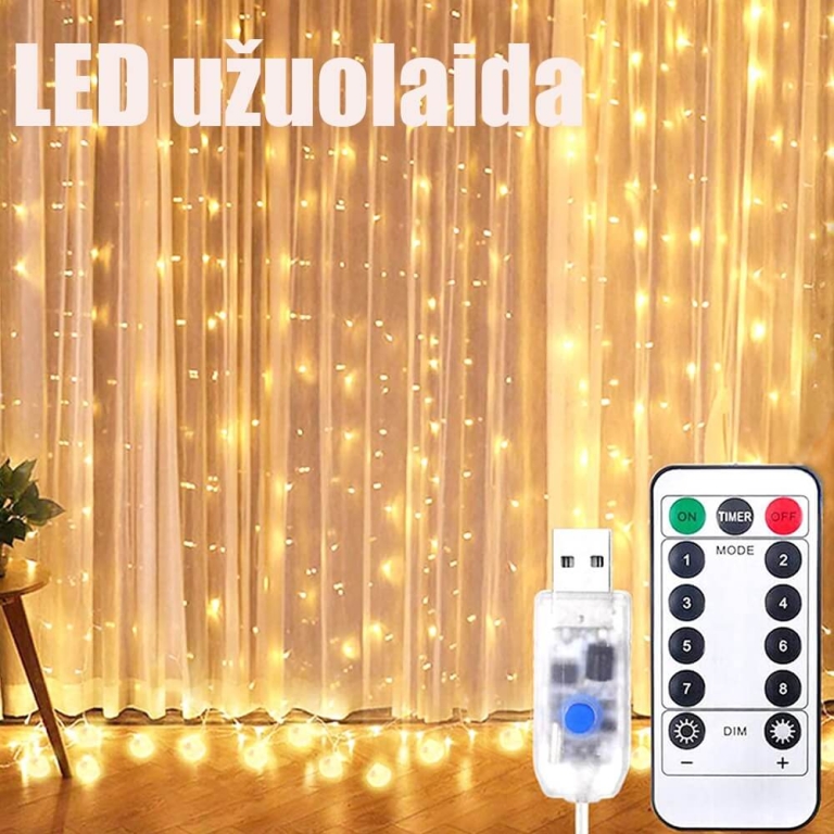 Led usb užuolaida girlianda 3x3, IP44 šiltai balta