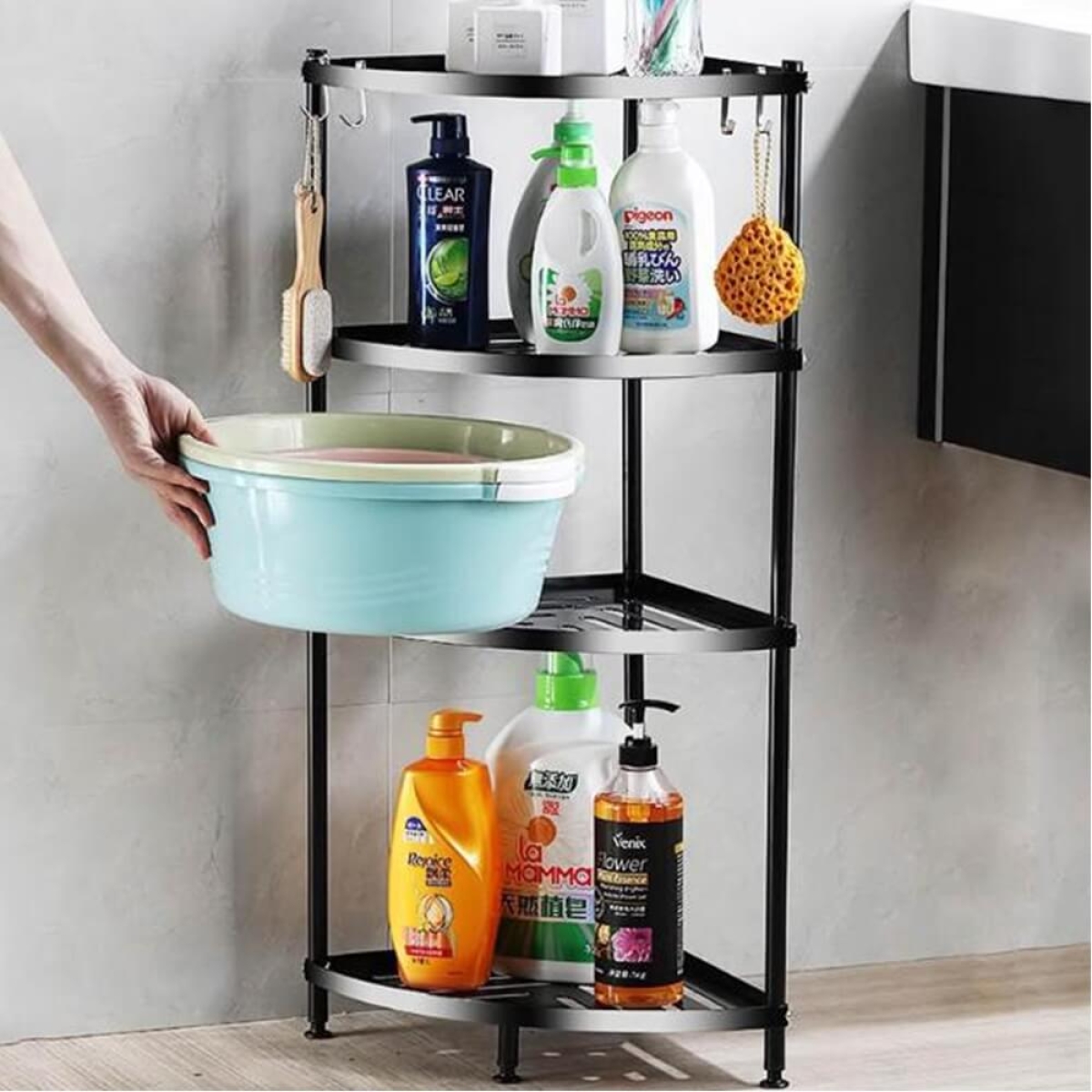 Kampinė lentyna juoda, 4 lentynų