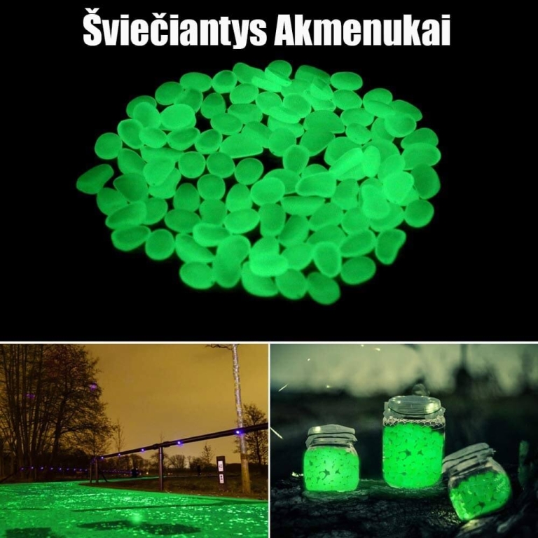 Naktį šviečiantys akmenukai, žali 100vnt.