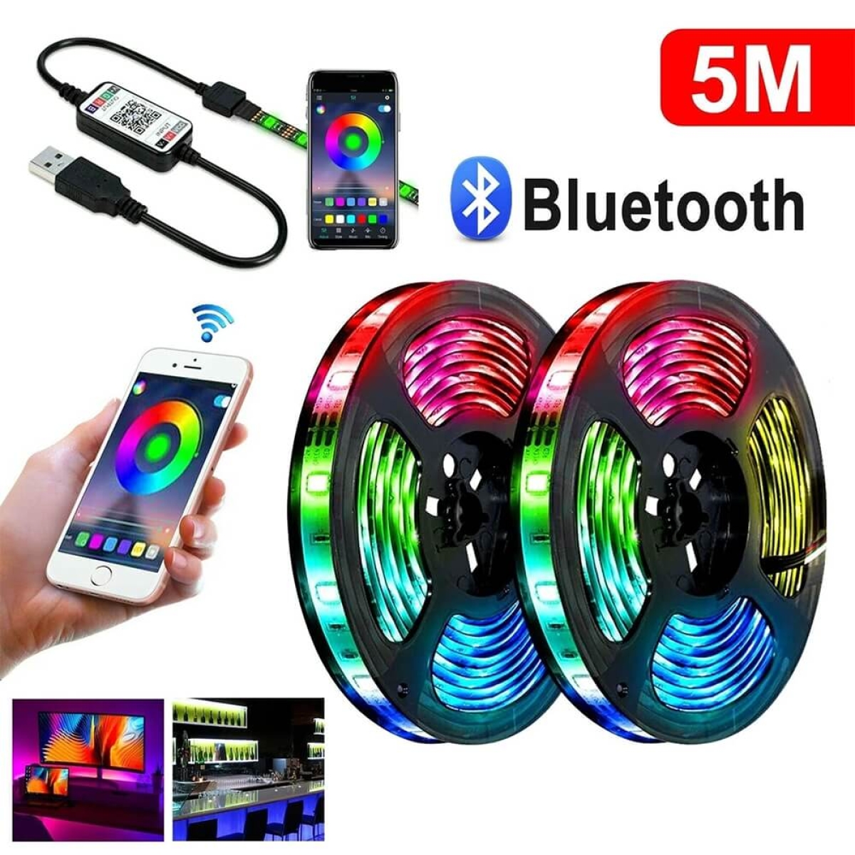 Led rgb usb juosta, 5 metrai